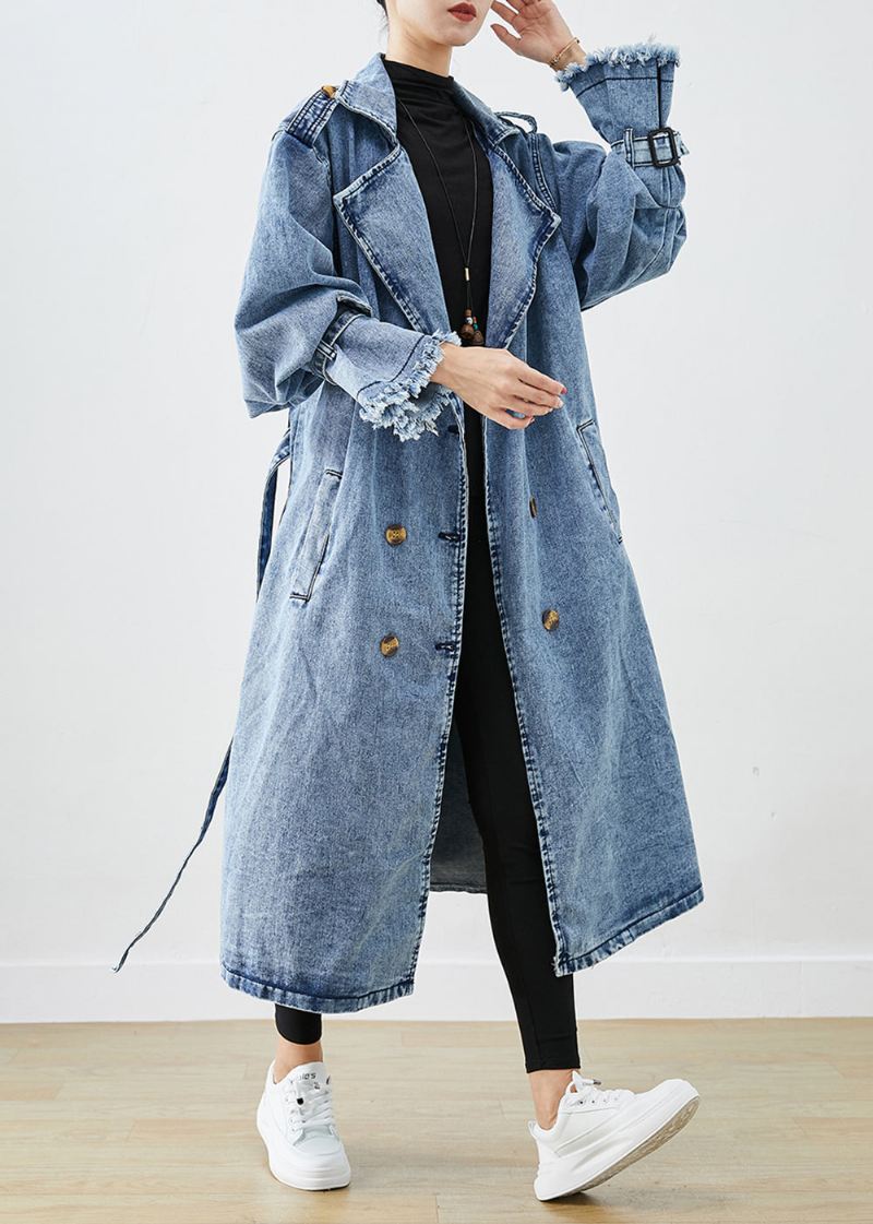 Art Light Blue Lapel Double Breast Denim Trench Coats Høst