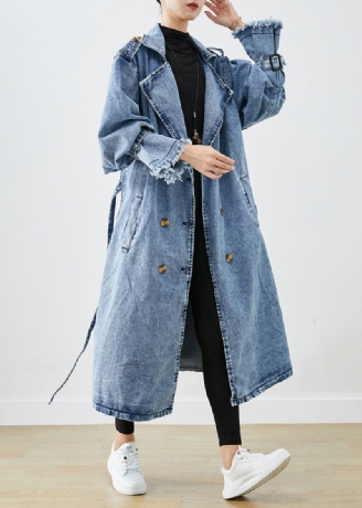 Art Light Blue Lapel Double Breast Denim Trench Coats Høst