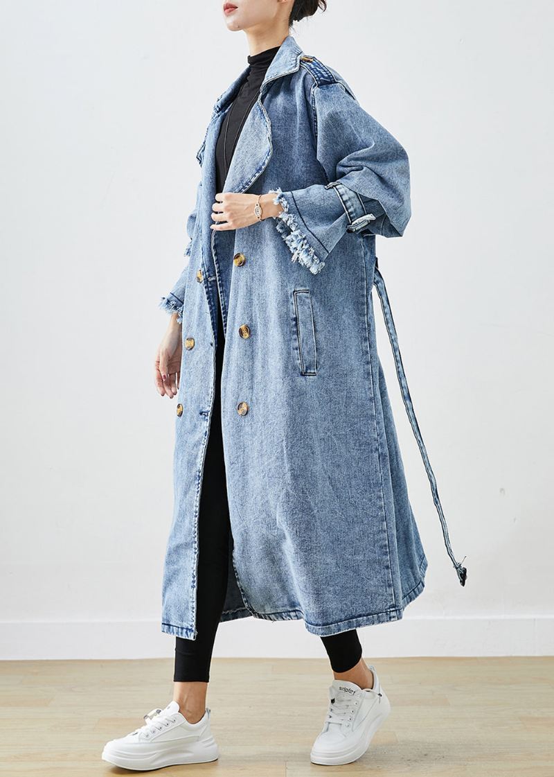 Art Light Blue Lapel Double Breast Denim Trench Coats Høst - Trenchcoats for kvinner