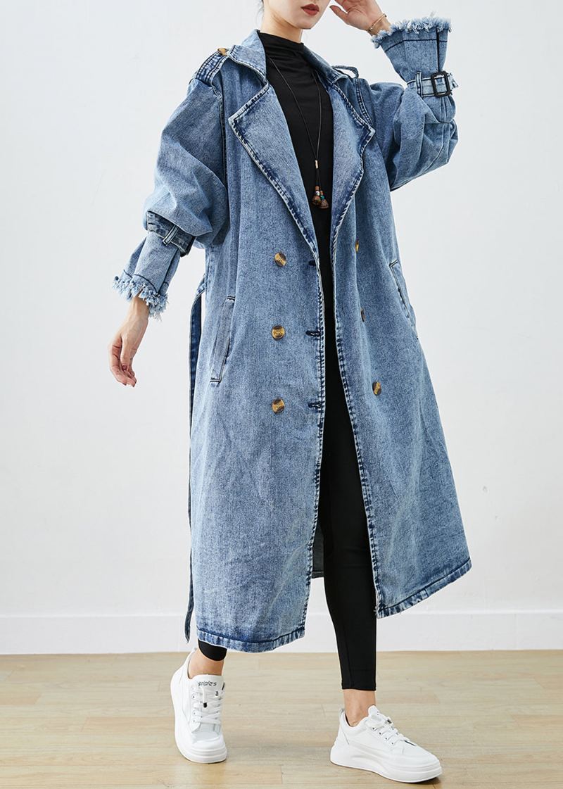 Art Light Blue Lapel Double Breast Denim Trench Coats Høst - Trenchcoats for kvinner