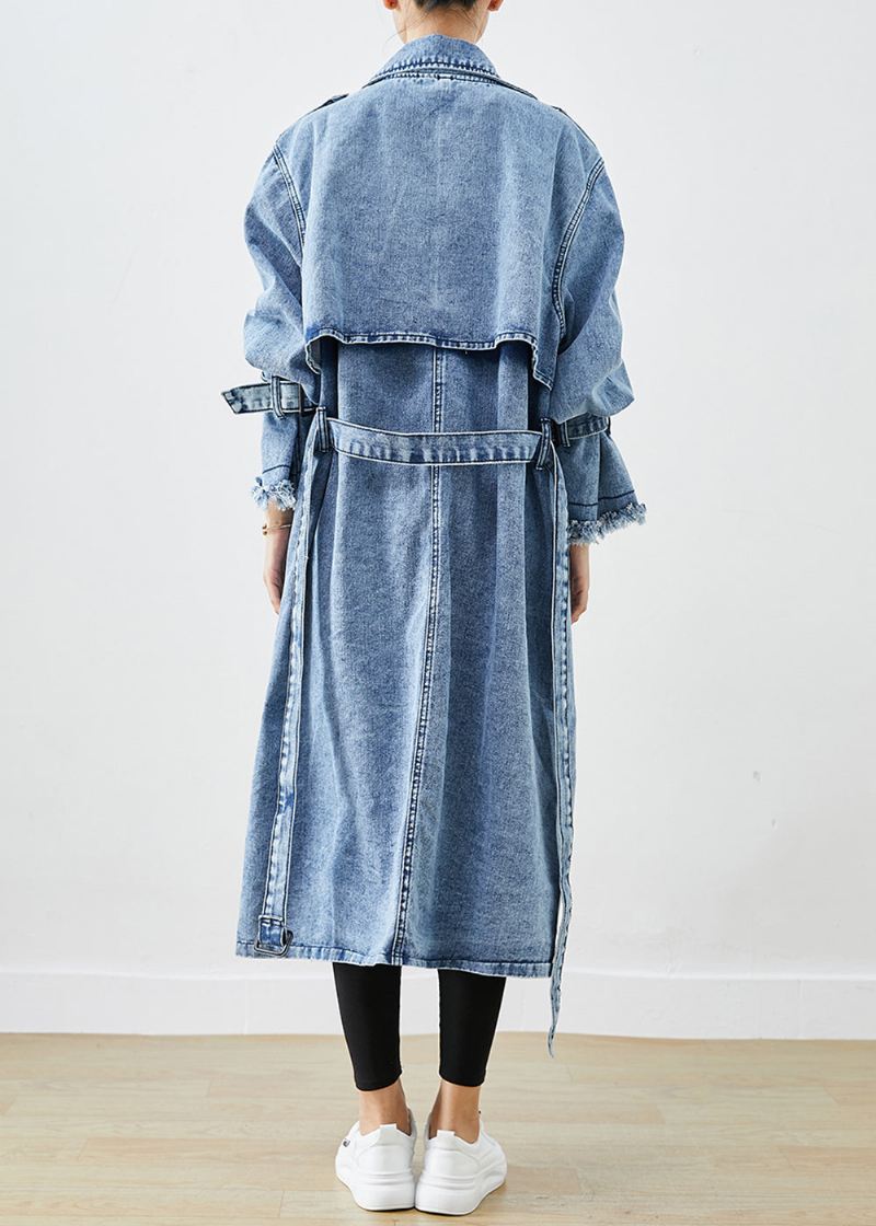 Art Light Blue Lapel Double Breast Denim Trench Coats Høst - Trenchcoats for kvinner