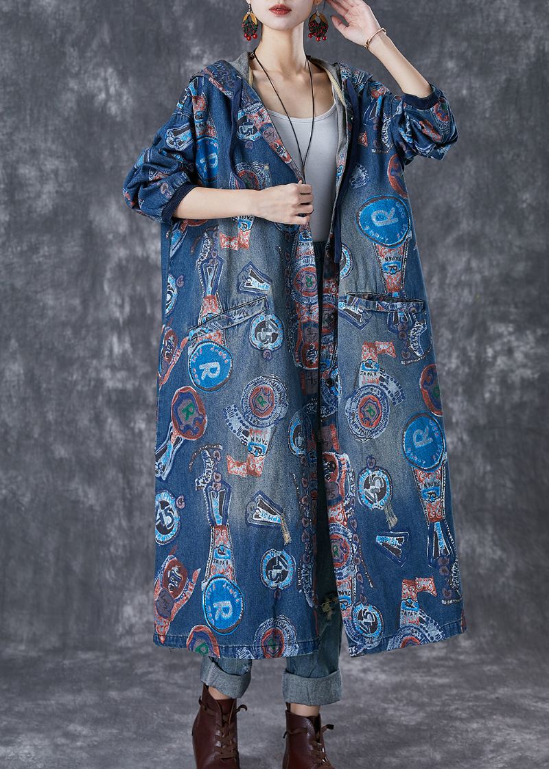 Art Navy Hette Oversized Print Cotton Trench Coats Fall