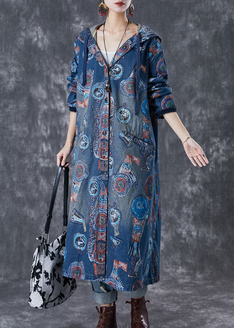 Art Navy Hette Oversized Print Cotton Trench Coats Fall - Trenchcoats for kvinner