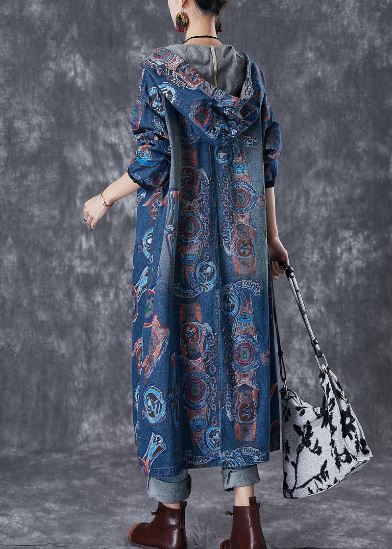 Art Navy Hette Oversized Print Cotton Trench Coats Fall - Trenchcoats for kvinner