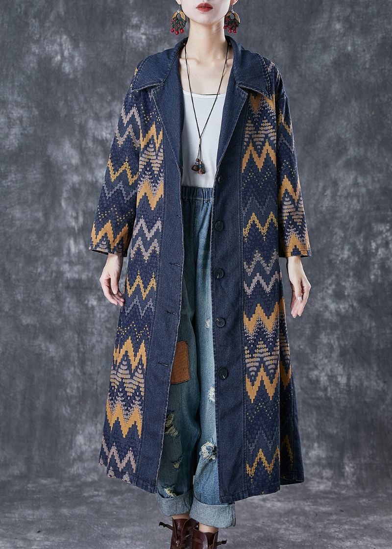 Art Navy Oversized Print Denim Coat Outwear Høst