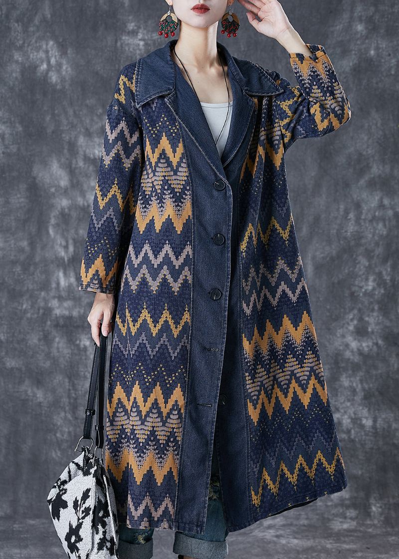 Art Navy Oversized Print Denim Coat Outwear Høst - Trenchcoats for kvinner