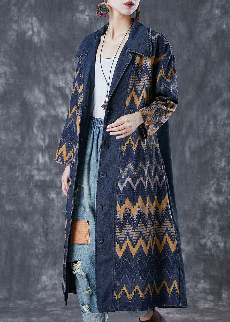 Art Navy Oversized Print Denim Coat Outwear Høst - Trenchcoats for kvinner