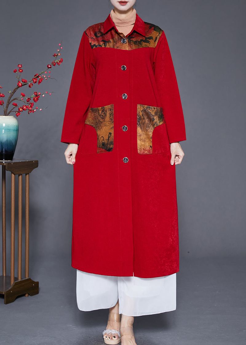 Art Red Peter Pan Krage Patchwork Lommer Trench Fall