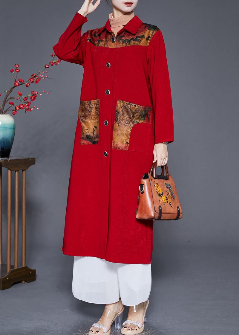 Art Red Peter Pan Krage Patchwork Lommer Trench Fall - Trenchcoats for kvinner