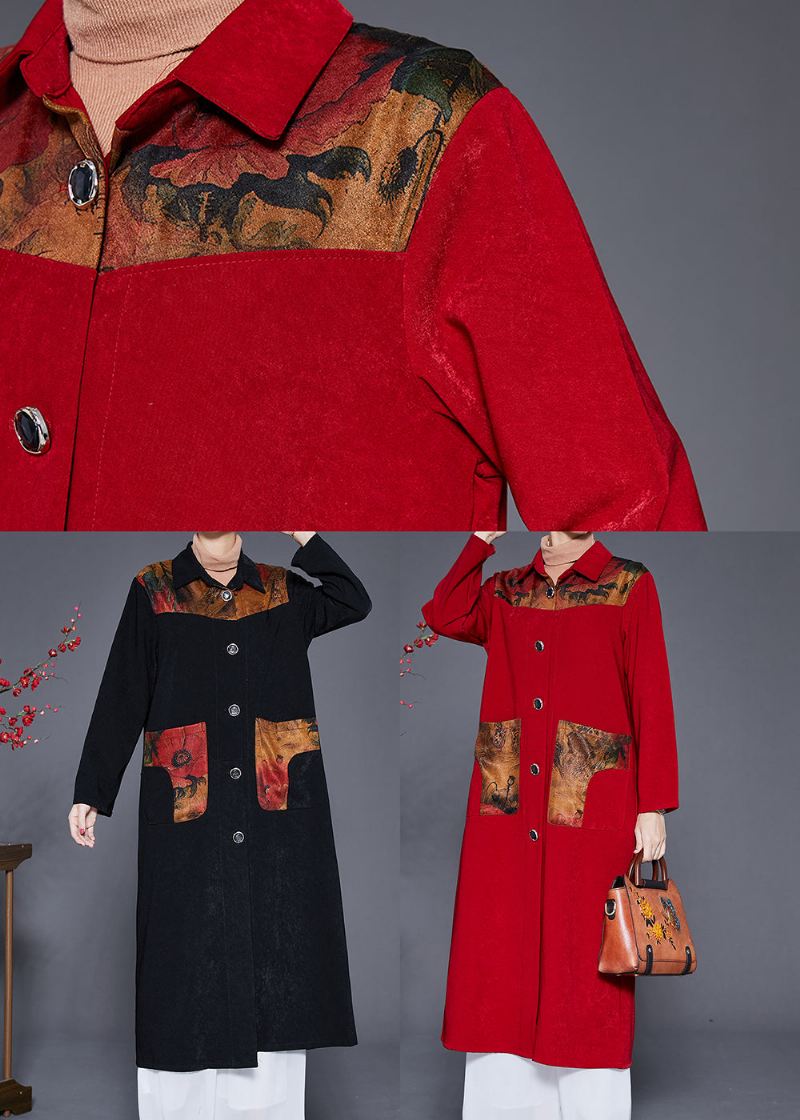 Art Red Peter Pan Krage Patchwork Lommer Trench Fall - Trenchcoats for kvinner