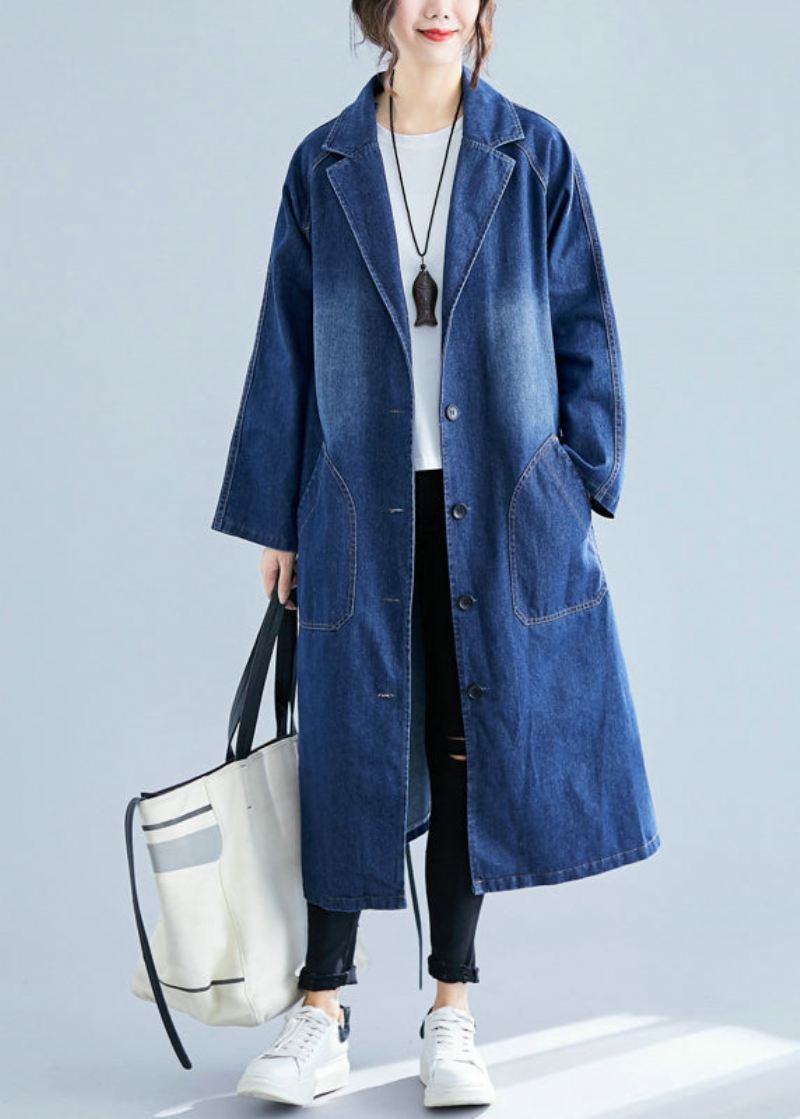 Blå Denim Trench Coats Overdimensjonerte Lommer Fall