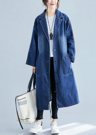 Blå Denim Trench Coats Overdimensjonerte Lommer Fall