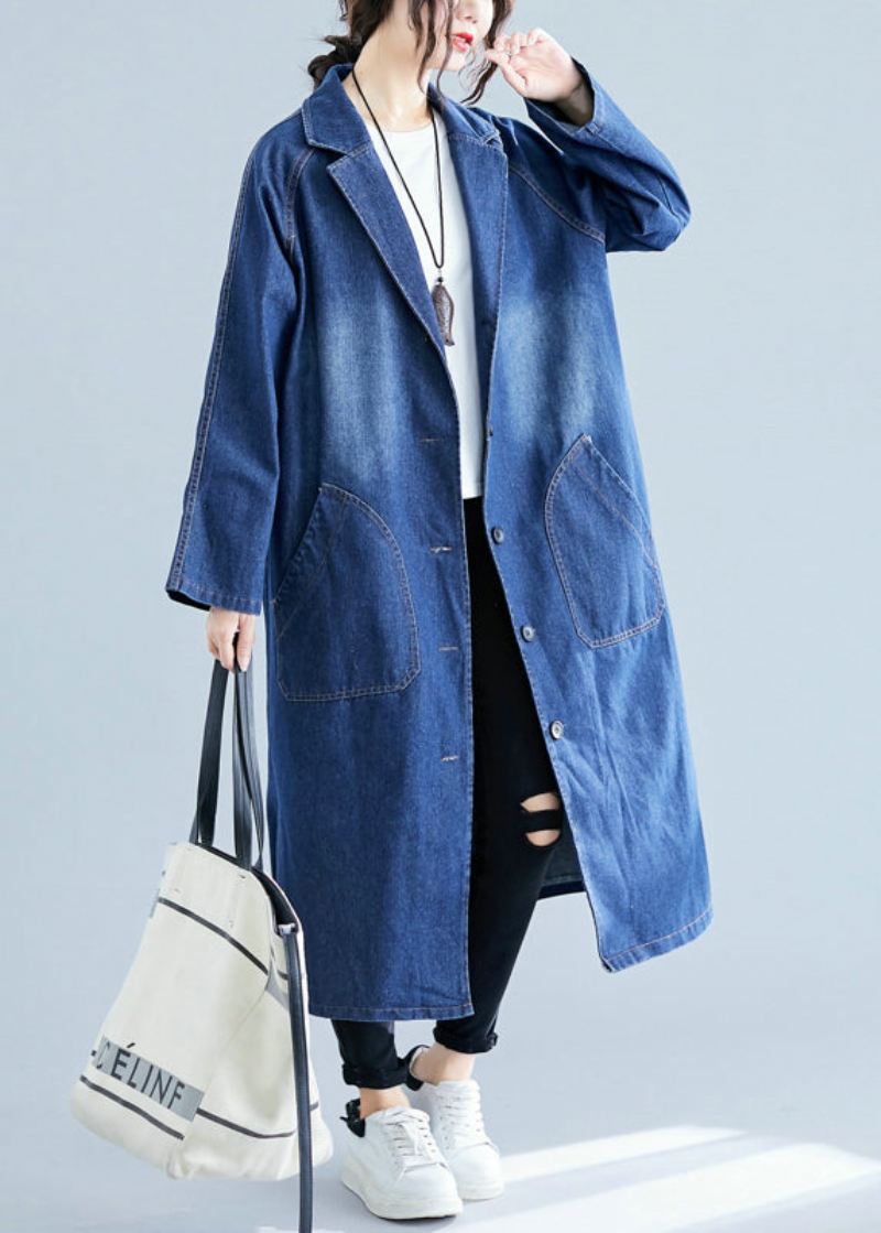 Blå Denim Trench Coats Overdimensjonerte Lommer Fall - Trenchcoats for kvinner