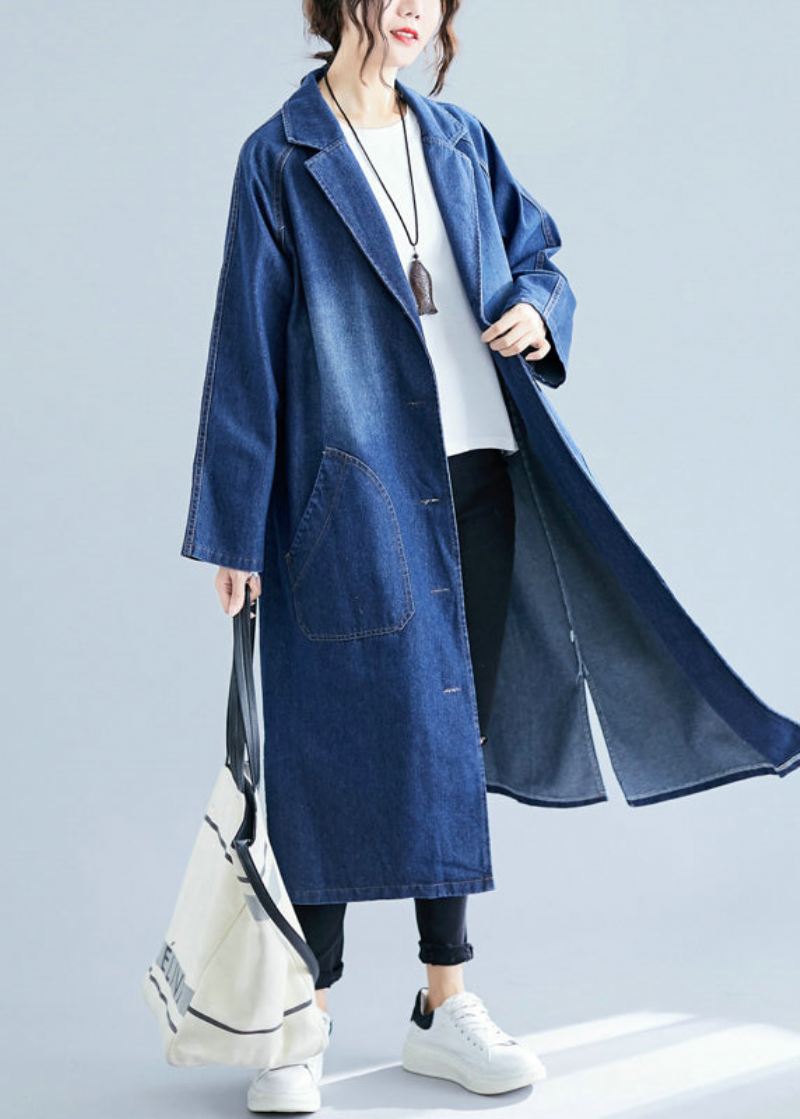 Blå Denim Trench Coats Overdimensjonerte Lommer Fall - Trenchcoats for kvinner