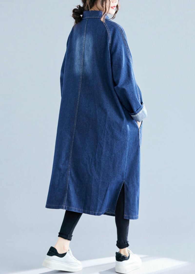 Blå Denim Trench Coats Overdimensjonerte Lommer Fall - Trenchcoats for kvinner