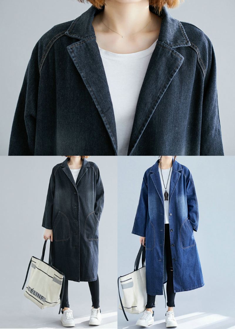 Blå Denim Trench Coats Overdimensjonerte Lommer Fall - Trenchcoats for kvinner