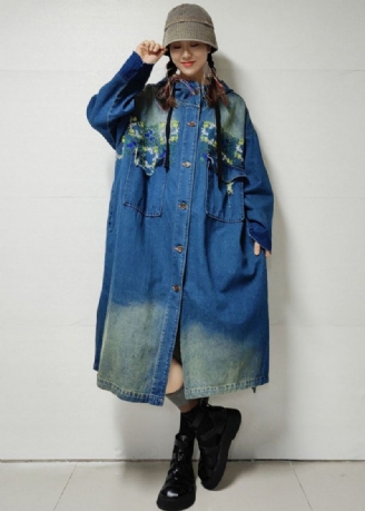 Blå Knapplommer Denim Trench Coat Brodert Langermet