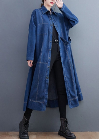 Blå Patchwork Denim Lang Trench Coat Peter Pan Krage Langermet