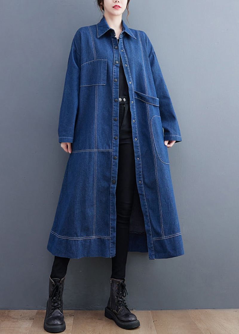 Blå Patchwork Denim Lang Trench Coat Peter Pan Krage Langermet - Trenchcoats for kvinner