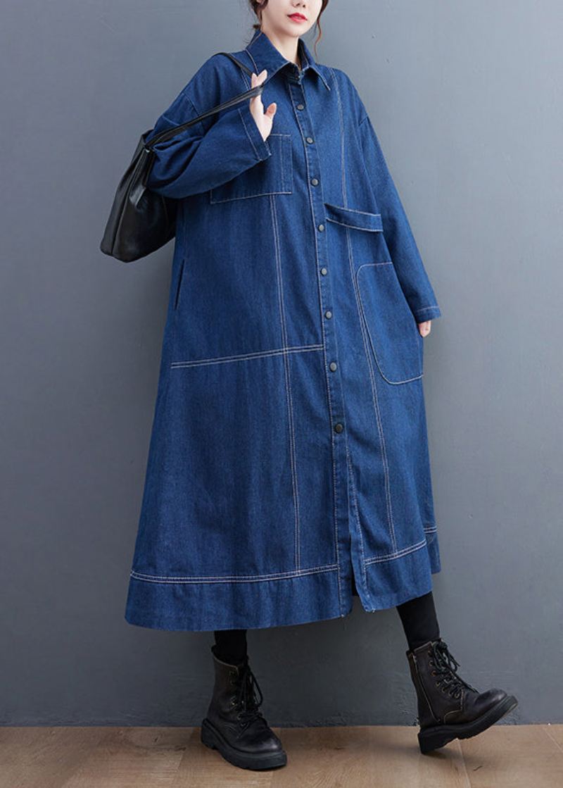 Blå Patchwork Denim Lang Trench Coat Peter Pan Krage Langermet - Trenchcoats for kvinner