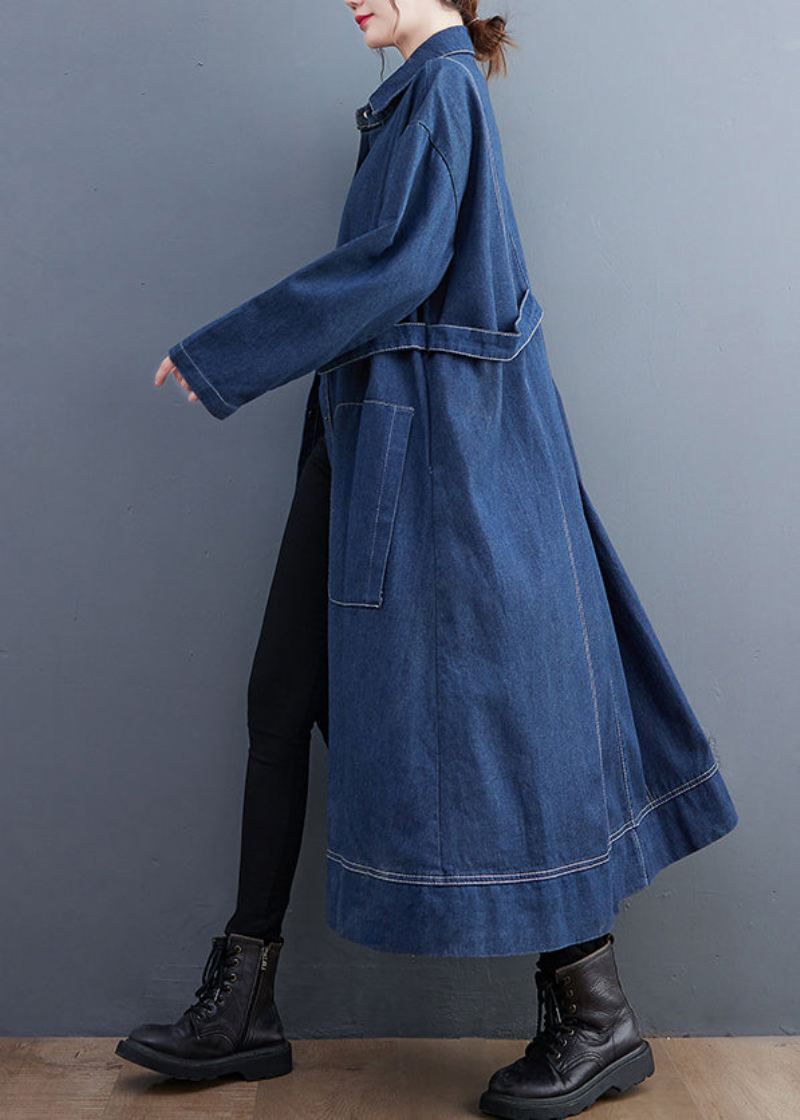 Blå Patchwork Denim Lang Trench Coat Peter Pan Krage Langermet - Trenchcoats for kvinner