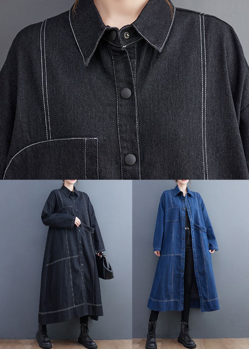 Blå Patchwork Denim Lang Trench Coat Peter Pan Krage Langermet - Trenchcoats for kvinner