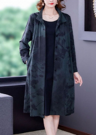 Blackish Green Print Silk Trench Hettelommer Langermet