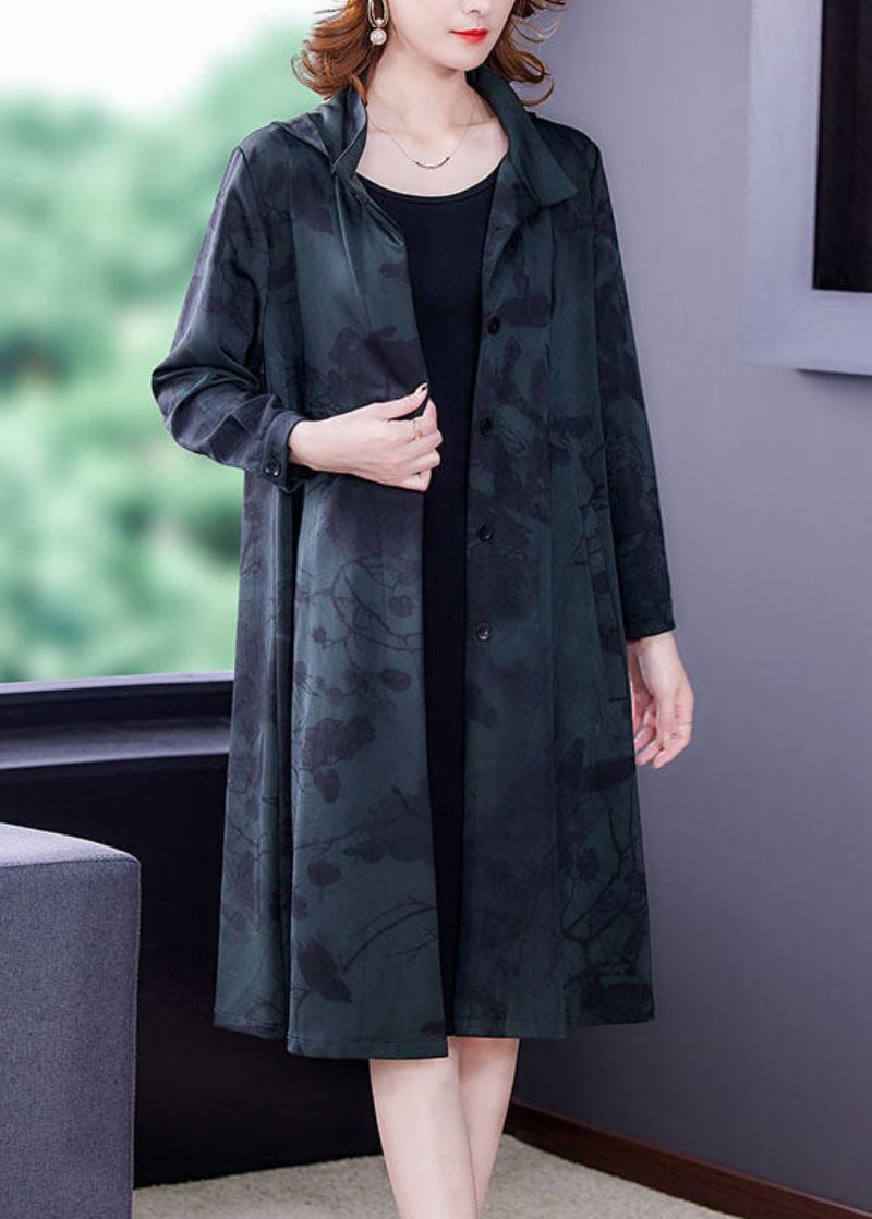 Blackish Green Print Silk Trench Hettelommer Langermet - Svartgrønn