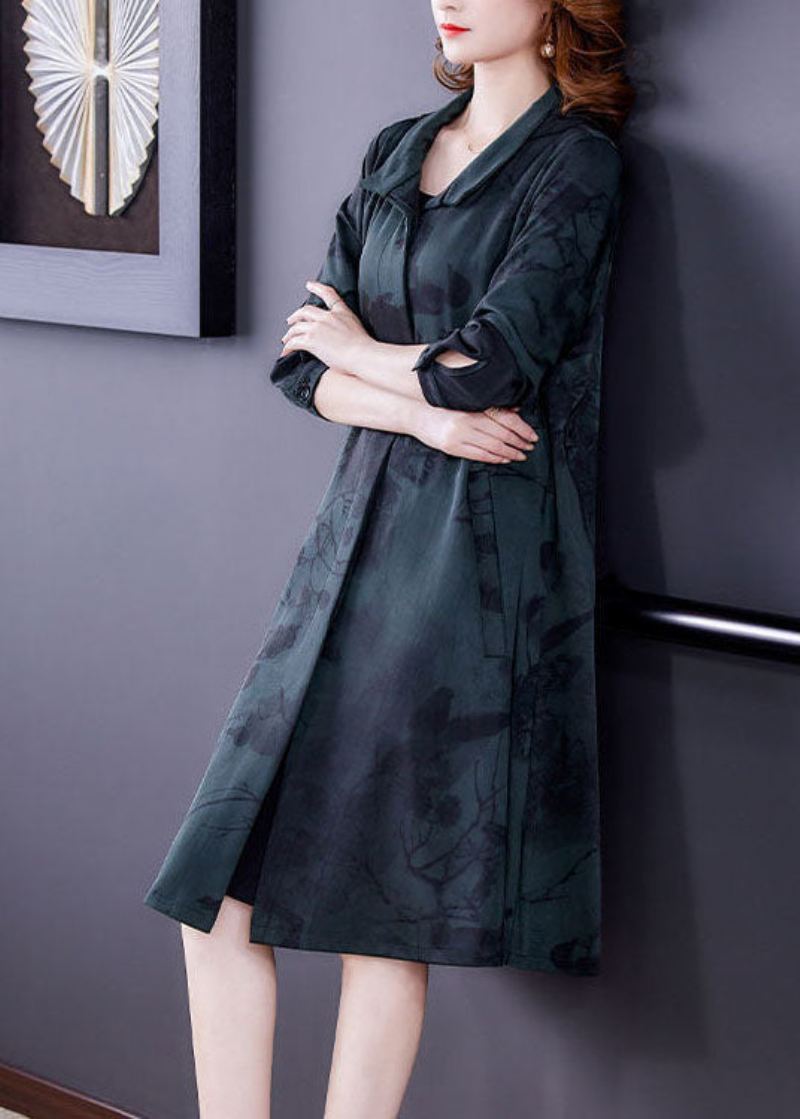 Blackish Green Print Silk Trench Hettelommer Langermet - Svartgrønn