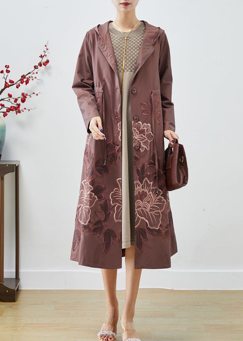 Blek Mauve Spandex Trench Coat Brodert Tie Midje Fall - Trenchcoats for kvinner