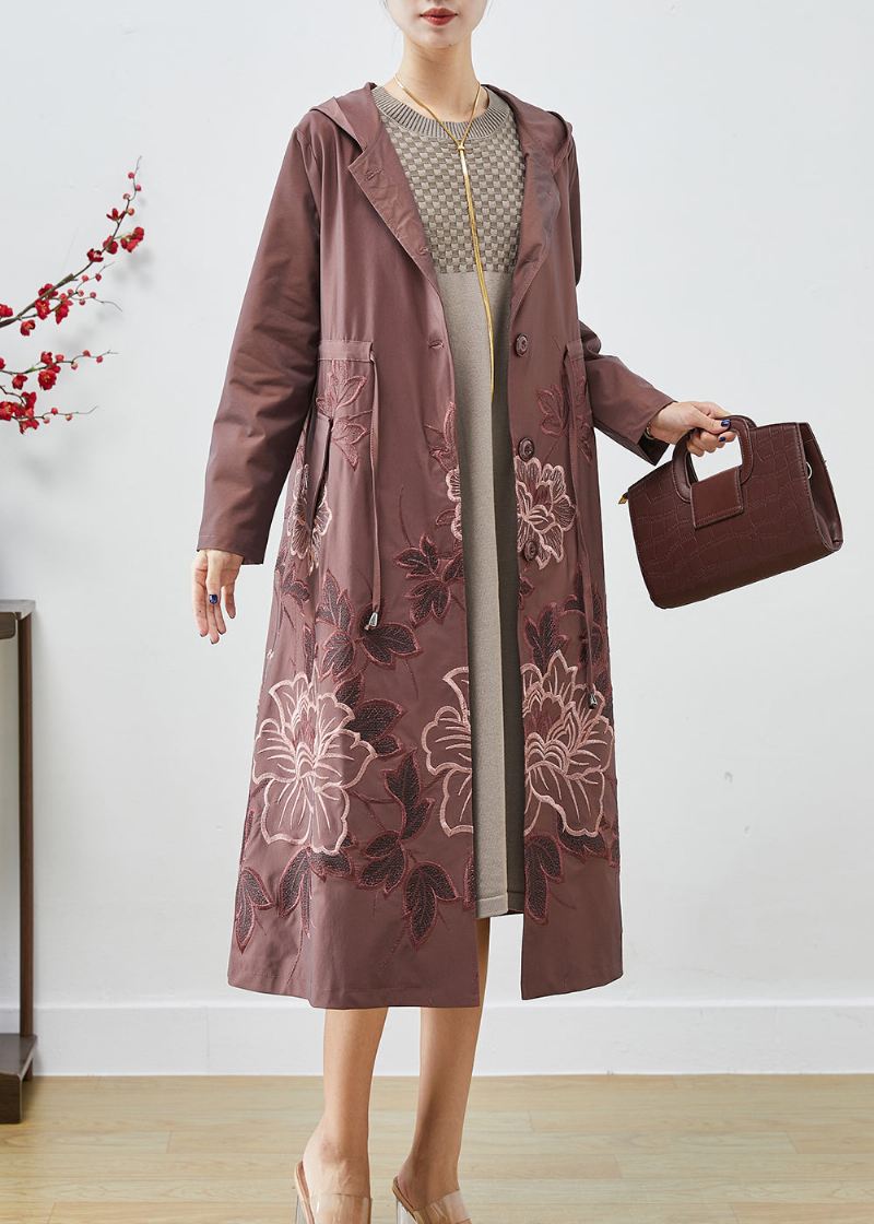 Blek Mauve Spandex Trench Coat Brodert Tie Midje Fall - Trenchcoats for kvinner