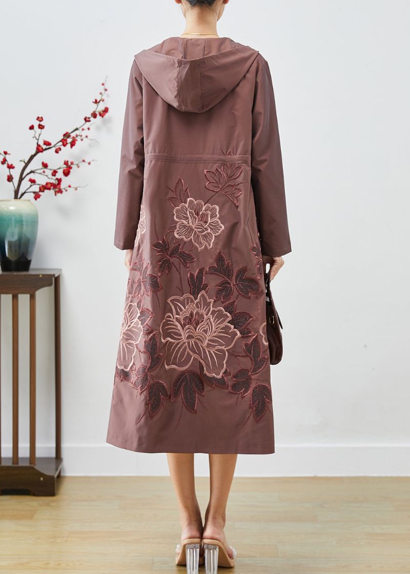 Blek Mauve Spandex Trench Coat Brodert Tie Midje Fall - Trenchcoats for kvinner