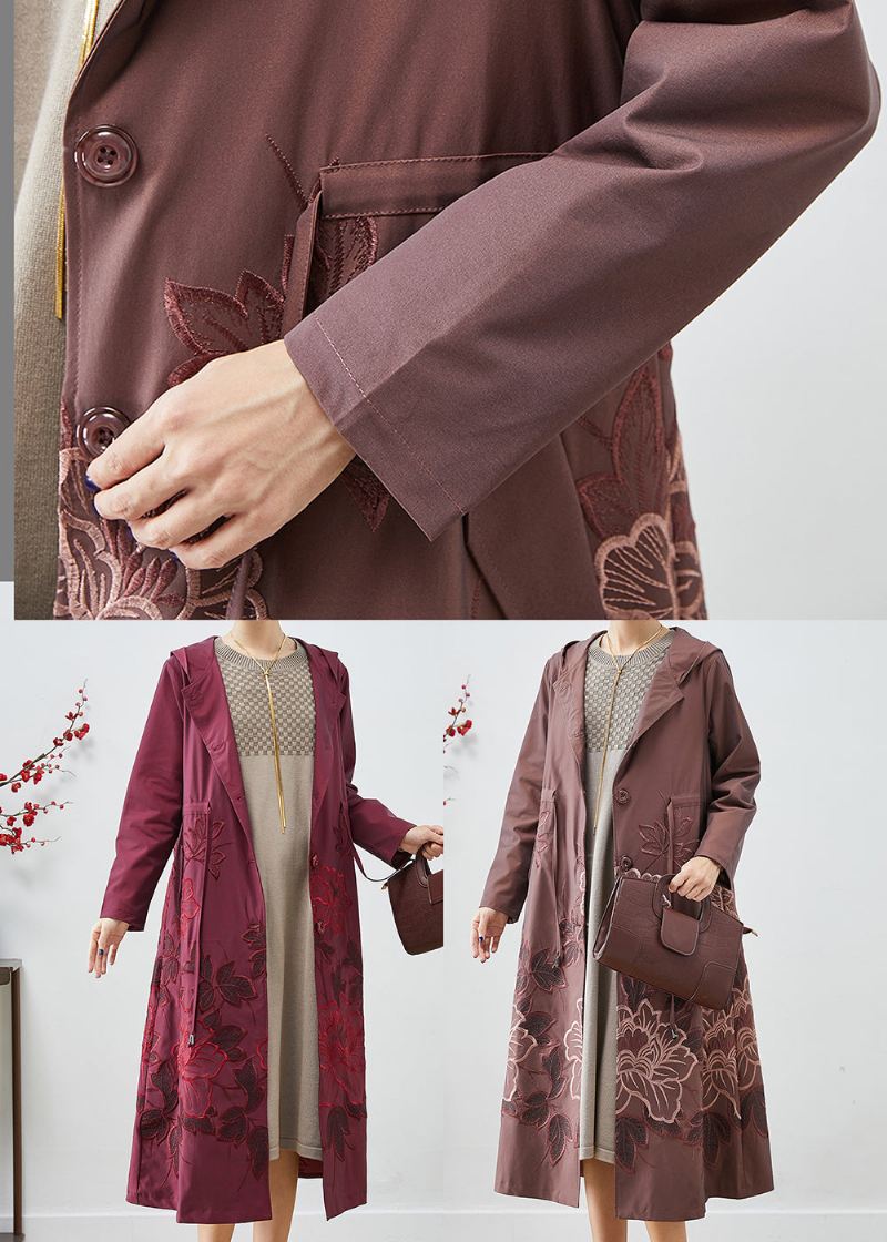 Blek Mauve Spandex Trench Coat Brodert Tie Midje Fall - Trenchcoats for kvinner