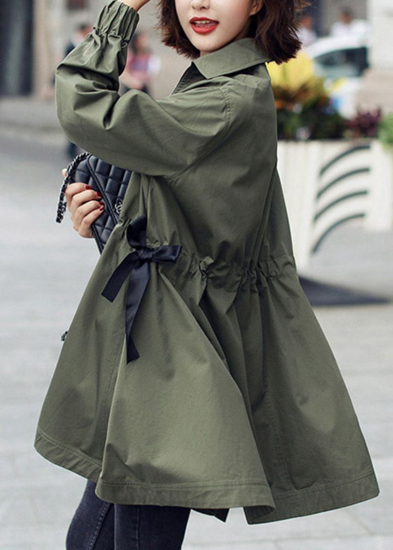 Bohemian Army Green Peter Pan Krage Glidelås Snøring Cotton Lang Trench Coats Spring