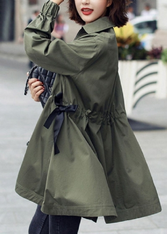 Bohemian Army Green Peter Pan Krage Glidelås Snøring Cotton Lang Trench Coats Spring