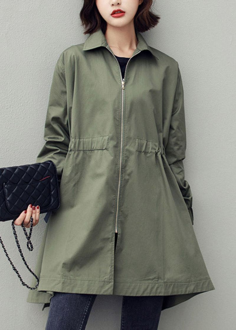 Bohemian Army Green Peter Pan Krage Glidelås Snøring Cotton Lang Trench Coats Spring - Trenchcoats for kvinner