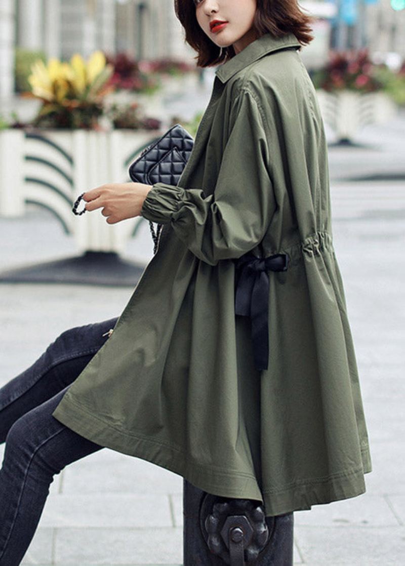 Bohemian Army Green Peter Pan Krage Glidelås Snøring Cotton Lang Trench Coats Spring - Trenchcoats for kvinner