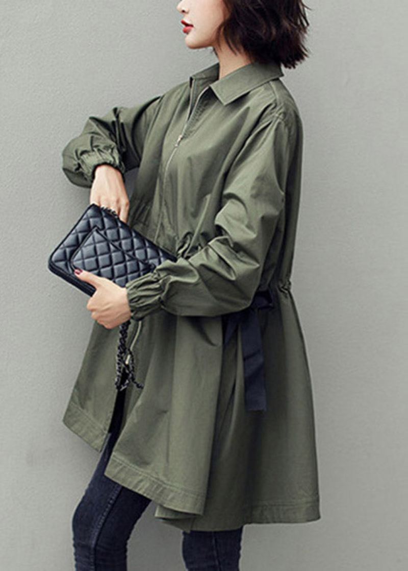 Bohemian Army Green Peter Pan Krage Glidelås Snøring Cotton Lang Trench Coats Spring - Trenchcoats for kvinner