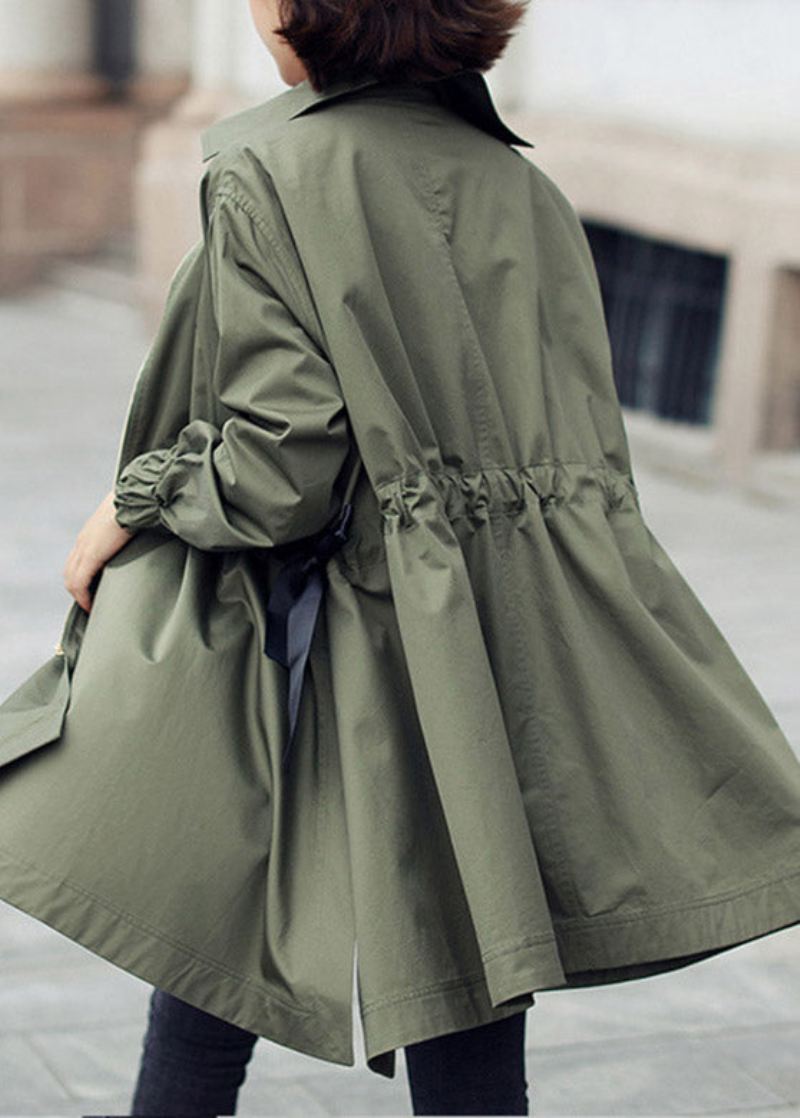 Bohemian Army Green Peter Pan Krage Glidelås Snøring Cotton Lang Trench Coats Spring - Trenchcoats for kvinner