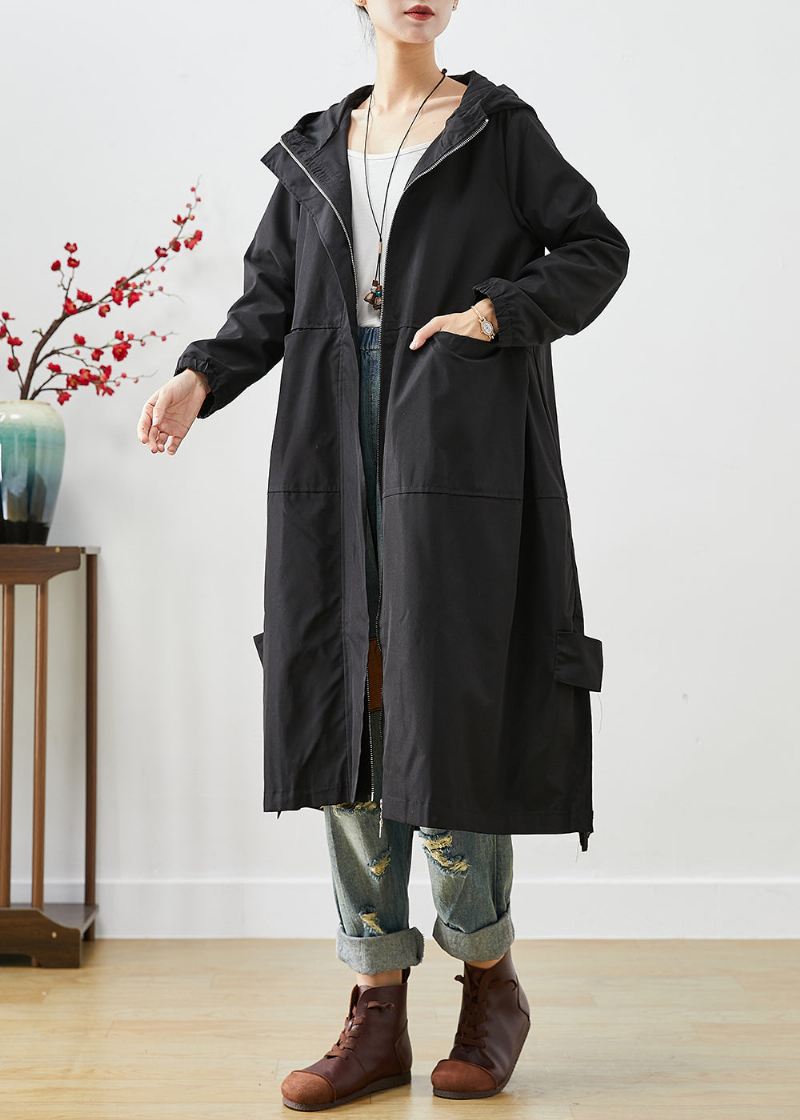 Bohemian Black Hette Patchwork Lommer Spandex Coat Yttertøy Høst - Trenchcoats for kvinner