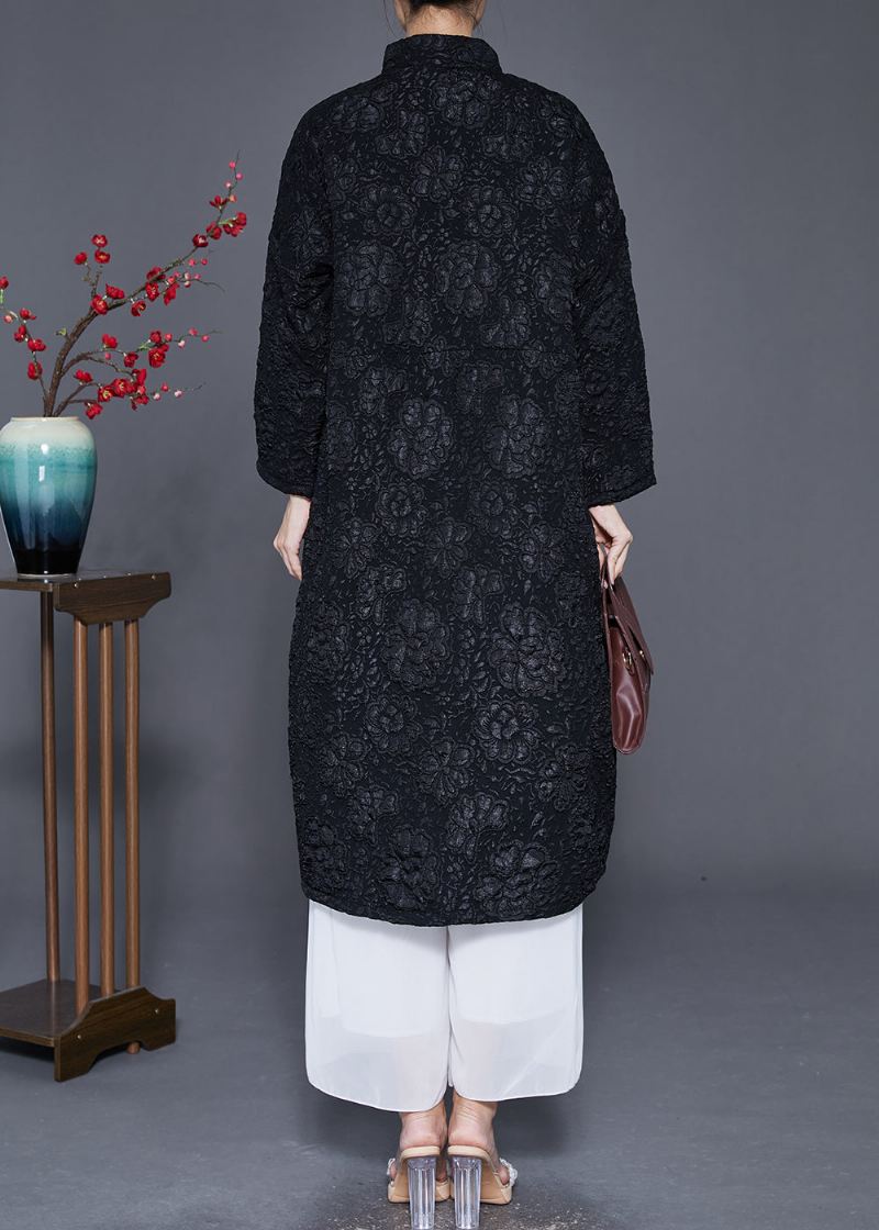 Bohemian Black Jacquard Kinesisk Knapp Fin Bomullsfylt Parkajakke Vinter - Trenchcoats for kvinner