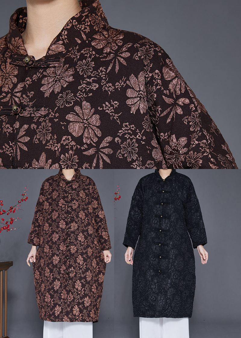 Bohemian Black Jacquard Kinesisk Knapp Fin Bomullsfylt Parkajakke Vinter - Trenchcoats for kvinner