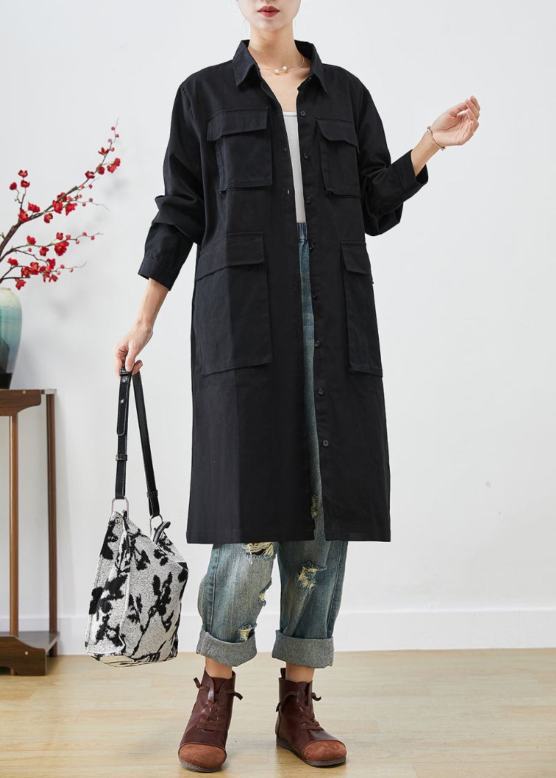 Bohemian Black Oversized Lommer Cotton Trench Fall - Trenchcoats for kvinner