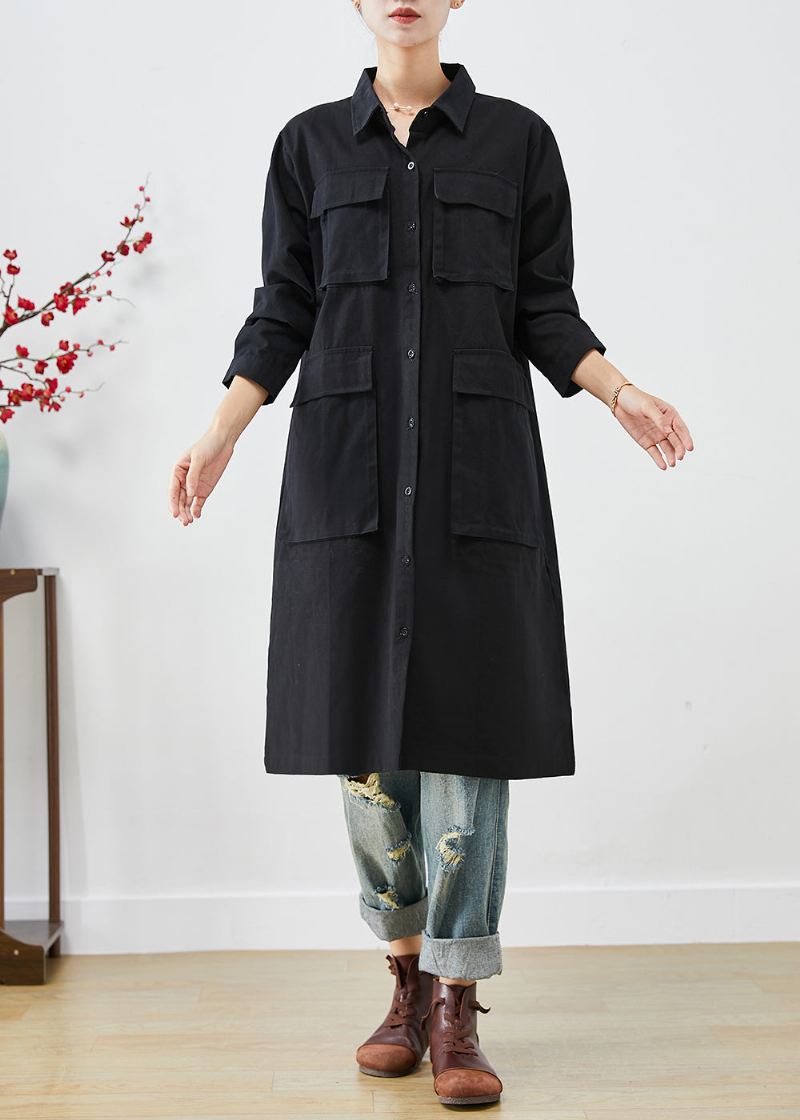 Bohemian Black Oversized Lommer Cotton Trench Fall - Trenchcoats for kvinner