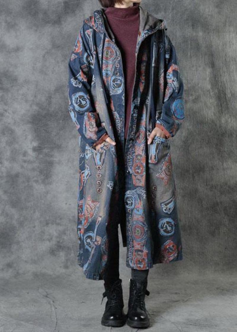 Bohemian Blue Lommer Fall Button Hettegensere Outwear Langermet