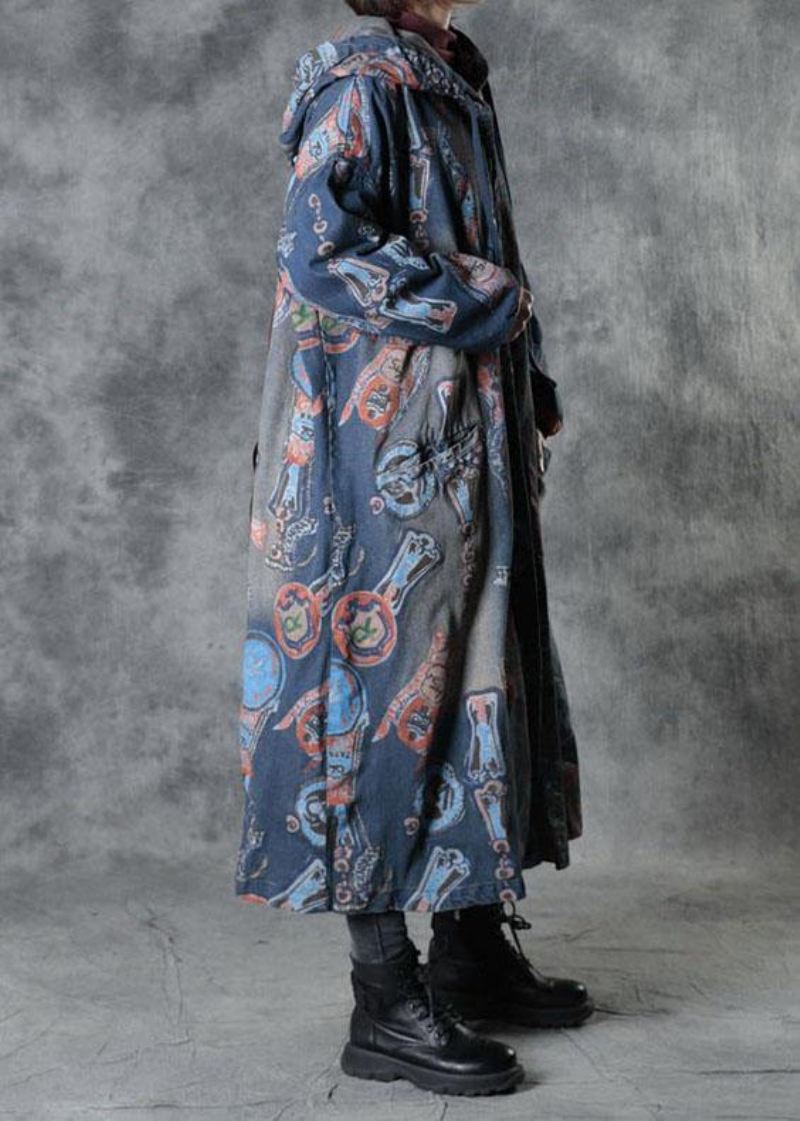 Bohemian Blue Lommer Fall Button Hettegensere Outwear Langermet - Trenchcoats for kvinner