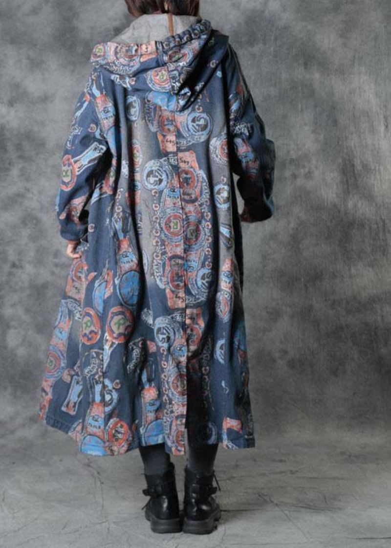 Bohemian Blue Lommer Fall Button Hettegensere Outwear Langermet - Trenchcoats for kvinner