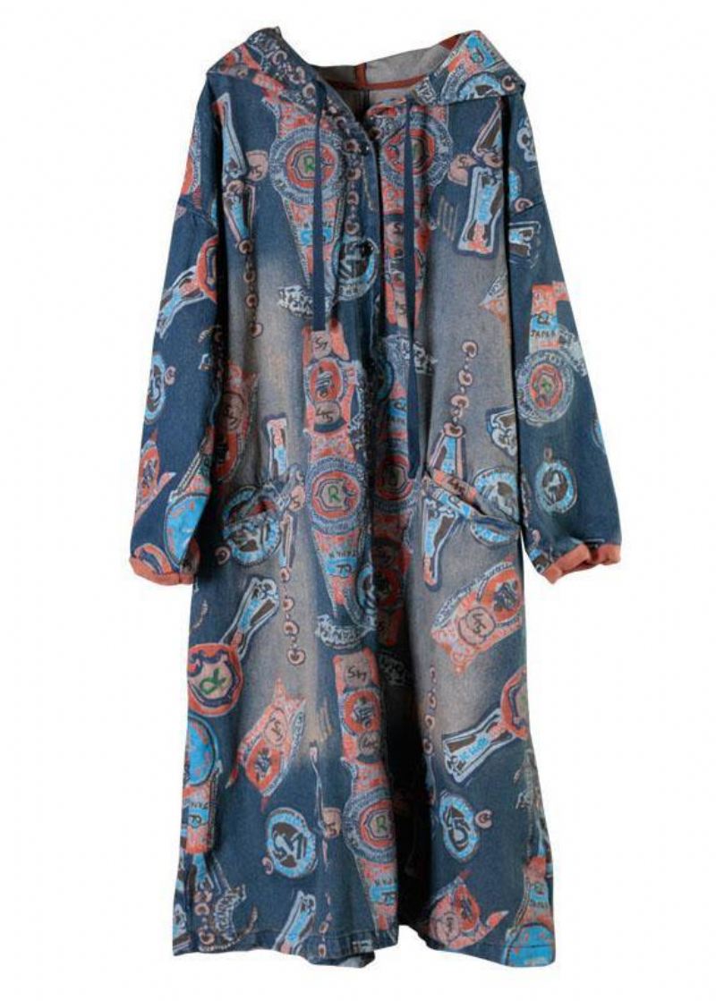 Bohemian Blue Lommer Fall Button Hettegensere Outwear Langermet - Trenchcoats for kvinner