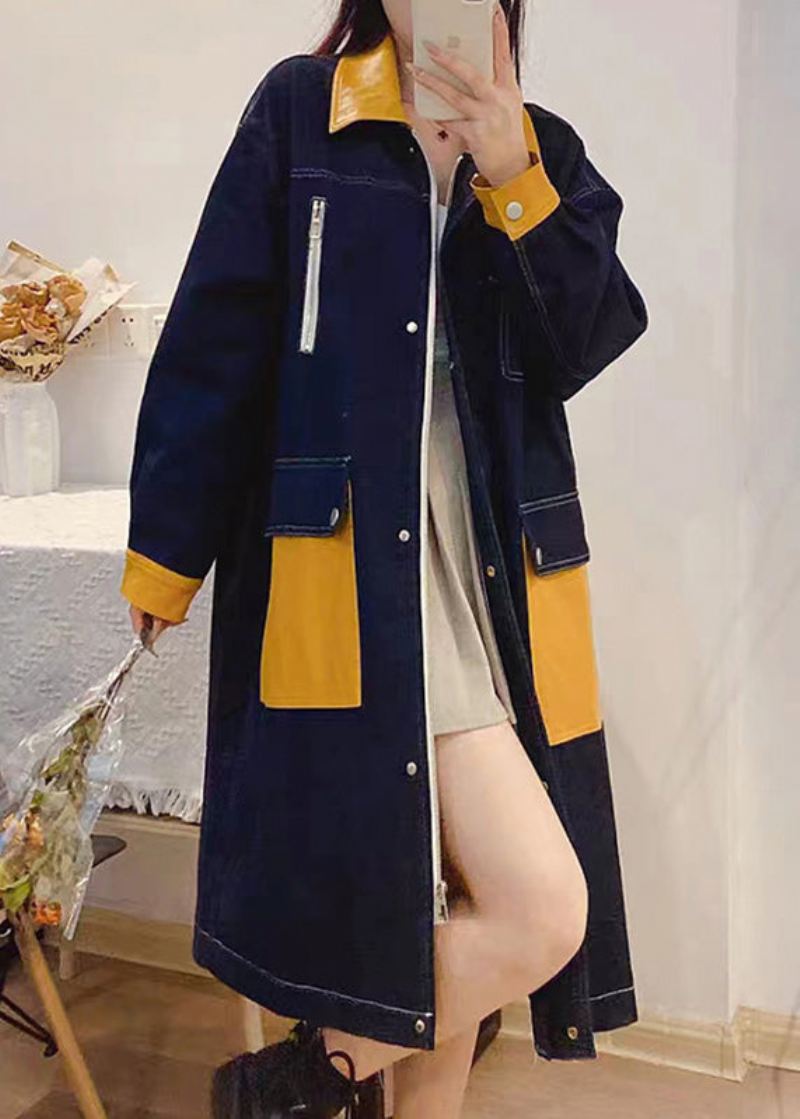 Bohemian Denim Blå Peter Pan Krage Patchwork Glidelåsknapp Lin Lang Trench Coats Fall