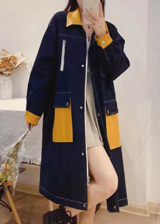 Bohemian Denim Blå Peter Pan Krage Patchwork Glidelåsknapp Lin Lang Trench Coats Fall